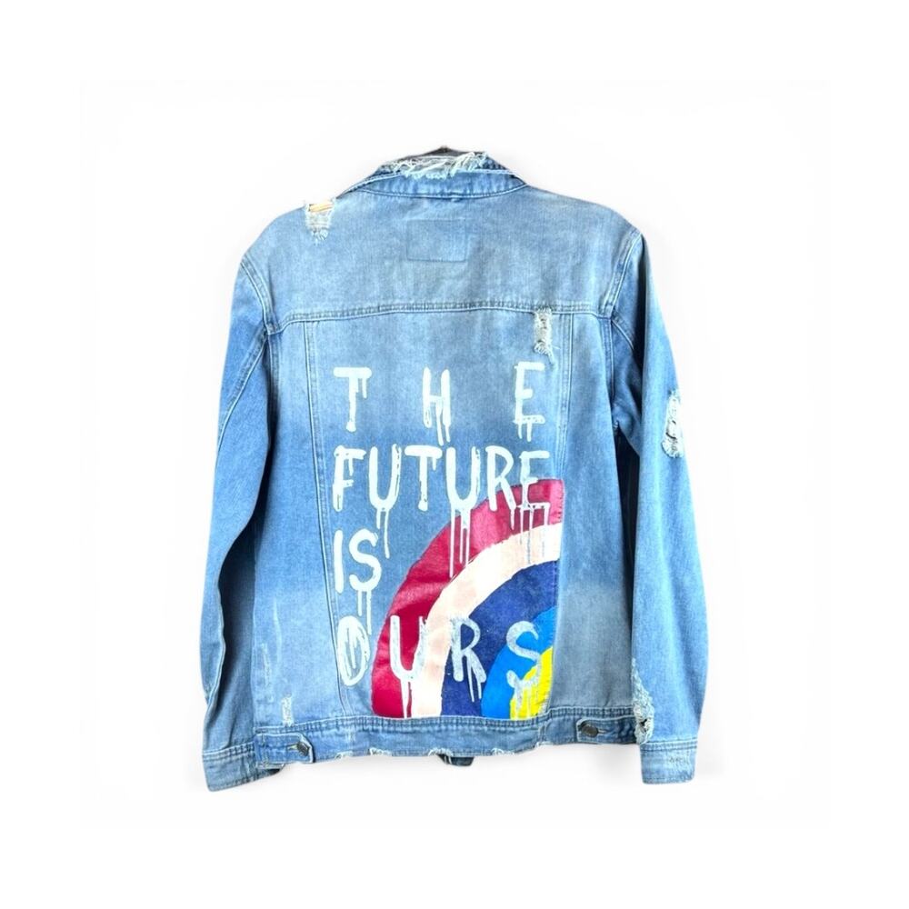 BBJ Los Angeles Distressed Denim Jacket Graphic Trucker Medium